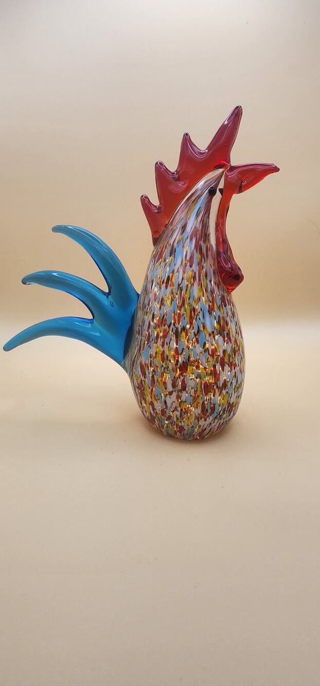 Art Glass Rooster Figurine Blue Tail Multicolor Confetti Red Comb Chicken 6"